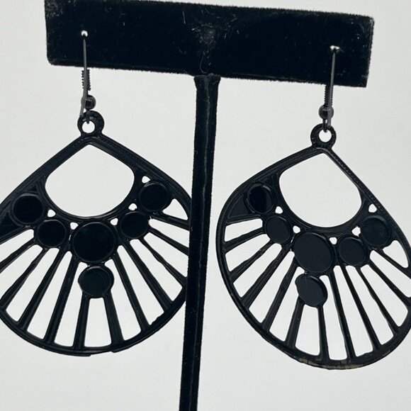 Black Fan-Shaped Dangle Earrings with Iridescent Rhinestone Accents - Picture 2 of 6